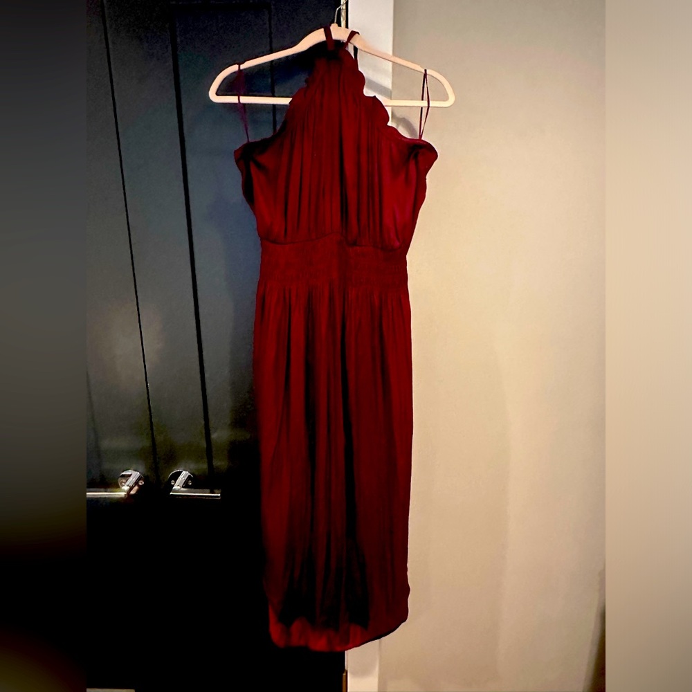 Maroon silk dress, perfect for summer evenings.  3/4 length, sleeveless.